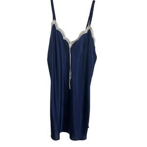 Vintage LA Intimates Nightgown M Navy Blue Satin Lace Slip Dress Made USA